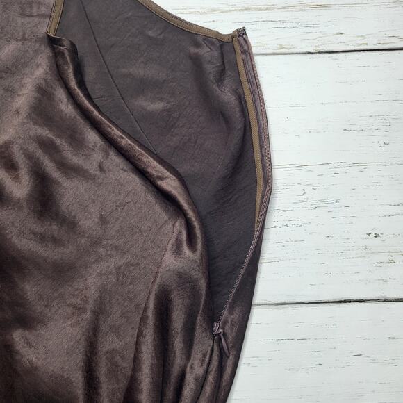 Madewell Satin Sleeveless Maxi Slip Dress V Neck Carob Brown Front Slit XS 2 - Picture 7 of 10